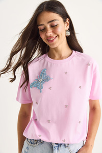 Kelebek Aksesuarlı Taş İşlemeli Kısa Kollu T-Shirt 60602036 - Pembe