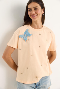 Kelebek Aksesuarlı Taş İşlemeli Kısa Kollu T-Shirt 60602036 - Yavru Ağzı