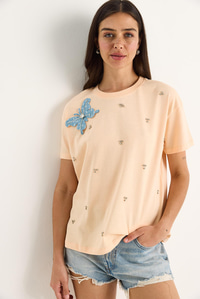 Kelebek Aksesuarlı Taş İşlemeli Kısa Kollu T-Shirt 60602036 - Yavru Ağzı