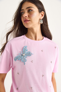 Kelebek Aksesuarlı Taş İşlemeli Kısa Kollu T-Shirt 60602036 - Pembe