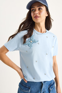 Kelebek Aksesuarlı Taş İşlemeli Kısa Kollu T-Shirt 60602036 - Bebe Mavisi