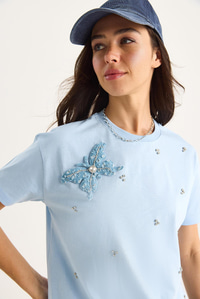 Kelebek Aksesuarlı Taş İşlemeli Kısa Kollu T-Shirt 60602036 - Bebe Mavisi