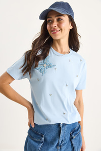 Kelebek Aksesuarlı Taş İşlemeli Kısa Kollu T-Shirt 60602036 - Bebe Mavisi