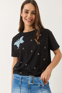 Kelebek Aksesuarlı Taş İşlemeli Kısa Kollu T-Shirt 60602036 - Siyah