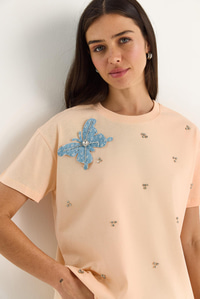 Kelebek Aksesuarlı Taş İşlemeli Kısa Kollu T-Shirt 60602036 - Yavru Ağzı