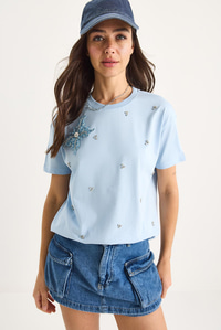Kelebek Aksesuarlı Taş İşlemeli Kısa Kollu T-Shirt 60602036 - Bebe Mavisi