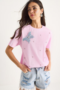Kelebek Aksesuarlı Taş İşlemeli Kısa Kollu T-Shirt 60602036 - Pembe