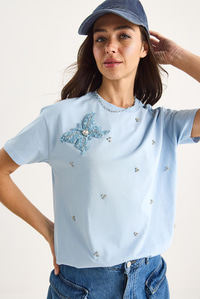 Kelebek Aksesuarlı Taş İşlemeli Kısa Kollu T-Shirt 60602036 - Bebe Mavisi