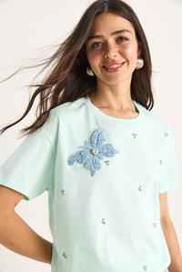 Kelebek Aksesuarlı Taş İşlemeli Kısa Kollu T-Shirt 60602036 - Mint Yeşili