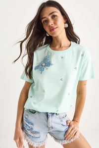Kelebek Aksesuarlı Taş İşlemeli Kısa Kollu T-Shirt 60602036 - Mint Yeşili