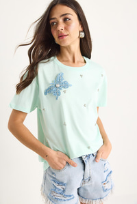Kelebek Aksesuarlı Taş İşlemeli Kısa Kollu T-Shirt 60602036 - Mint Yeşili