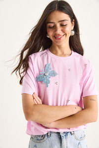 Kelebek Aksesuarlı Taş İşlemeli Kısa Kollu T-Shirt 60602036 - Pembe