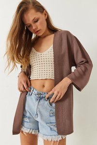 Keten Dokulu Kısa Basic Kimono 60261496 - Vizon