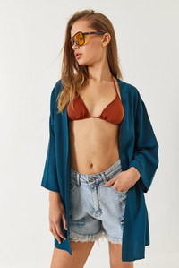 Keten Dokulu Kısa Basic Kimono 60261496 - Petrol