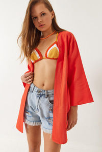 Keten Dokulu Kısa Basic Kimono 60261496 - Orange