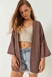 Keten Dokulu Kısa Basic Kimono 60261496 - Vizon