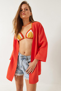 Keten Dokulu Kısa Basic Kimono 60261496 - Orange