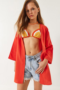 Keten Dokulu Kısa Basic Kimono 60261496 - Orange