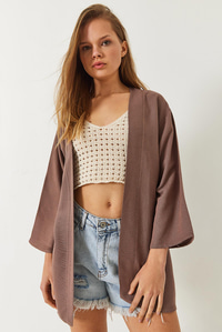 Keten Dokulu Kısa Basic Kimono 60261496 - Vizon