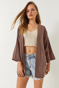 Keten Dokulu Kısa Basic Kimono 60261496 - Vizon
