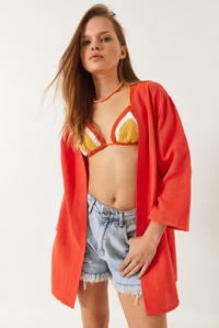 Keten Dokulu Kısa Basic Kimono 60261496 - Orange