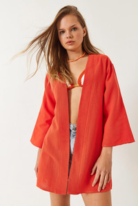 Keten Dokulu Kısa Basic Kimono 60261496 - Orange