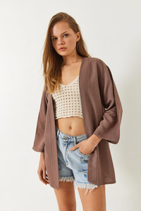 Keten Dokulu Kısa Basic Kimono 60261496 - Vizon