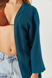 Keten Dokulu Kısa Basic Kimono 60261496 - Petrol
