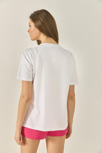 Kiraz Baskılı Taş İşlemeli Kurdela Detaylı Normal Kalıp T-Shirt 4143 60283297 - Beyaz