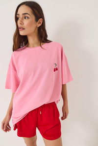 Kiraz Nakış İşlemeli Bisiklet Yaka Kısa Kollu Oversize T-Shirt 4011 60283152 - Pembe