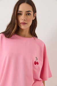 Kiraz Nakış İşlemeli Bisiklet Yaka Kısa Kollu Oversize T-Shirt 4011 60283152 - Pembe
