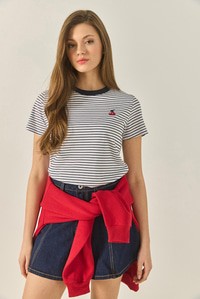 Kiraz Nakışlı Çizgili Pamuklu Basic T-Shirt 10415 60283305 - Lacivert-Beyaz
