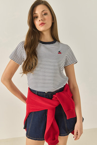 Kiraz Nakışlı Çizgili Pamuklu Basic T-Shirt 10415 60283305 - Lacivert-Beyaz