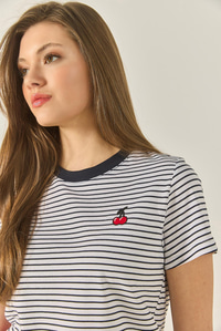 Kiraz Nakışlı Çizgili Pamuklu Basic T-Shirt 10415 60283305 - Lacivert-Beyaz