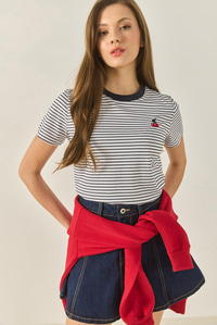 Kiraz Nakışlı Çizgili Pamuklu Basic T-Shirt 10415 60283305 - Lacivert-Beyaz