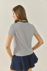 Kiraz Nakışlı Çizgili Pamuklu Basic T-Shirt 10415 60283305 - Lacivert-Beyaz