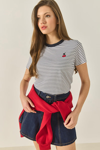 Kiraz Nakışlı Çizgili Pamuklu Basic T-Shirt 10415 60283305 - Lacivert-Beyaz