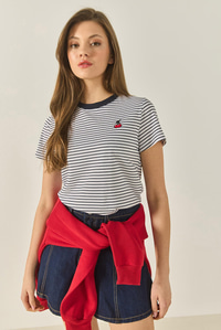 Kiraz Nakışlı Çizgili Pamuklu Basic T-Shirt 10415 60283305 - Lacivert-Beyaz