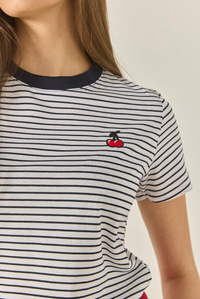 Kiraz Nakışlı Çizgili Pamuklu Basic T-Shirt 10415 60283305 - Lacivert-Beyaz