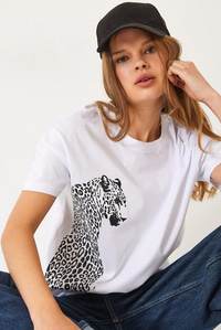 Kısa Kollu Aslan Baskılı Basic T-Shirt 60602014 - Beyaz