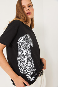 Kısa Kollu Aslan Baskılı Basic T-Shirt 60602014 - Siyah