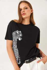 Kısa Kollu Aslan Baskılı Basic T-Shirt 60602014 - Siyah