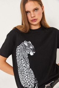 Kısa Kollu Aslan Baskılı Basic T-Shirt 60602014 - Siyah