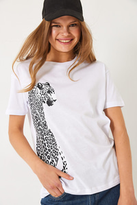 Kısa Kollu Aslan Baskılı Basic T-Shirt 60602014 - Beyaz