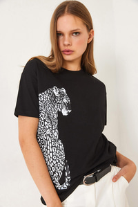 Kısa Kollu Aslan Baskılı Basic T-Shirt 60602014 - Siyah
