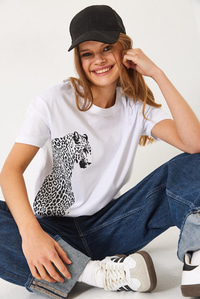 Kısa Kollu Aslan Baskılı Basic T-Shirt 60602014 - Beyaz