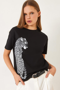 Kısa Kollu Aslan Baskılı Basic T-Shirt 60602014 - Siyah