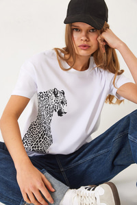 Kısa Kollu Aslan Baskılı Basic T-Shirt 60602014 - Beyaz