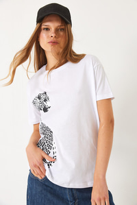 Kısa Kollu Aslan Baskılı Basic T-Shirt 60602014 - Beyaz
