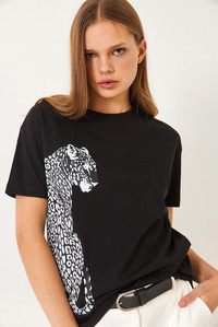 Kısa Kollu Aslan Baskılı Basic T-Shirt 60602014 - Siyah